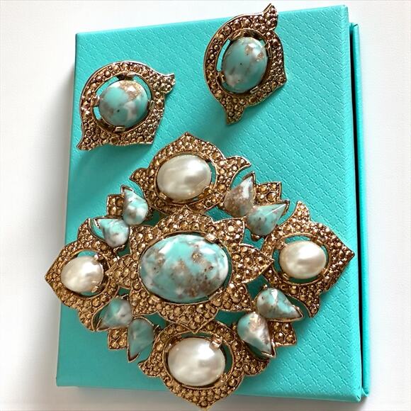 Vintage Sarah Cov Signed Set “Remembrance” Turquoise Pearl Brooch Earrings 60s - Picture 1 of 13
